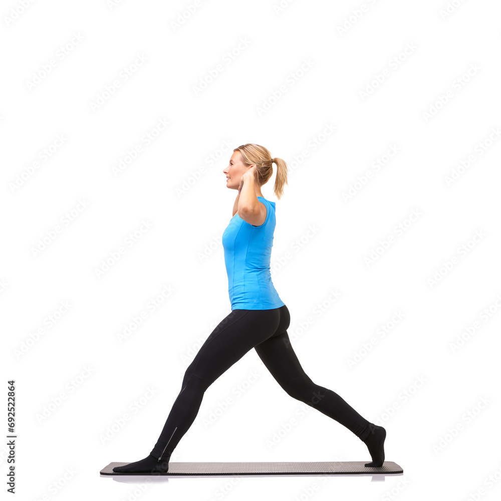 Yoga, health and workout with woman in studio for stretching, exercise and wellness. Gym, fitness and self care with female person on floor of white background for pilates, body and mockup space Yoga, health and workout with woman in studio for stretching, exercise and wellness. Gym, fitness and self care with female person on floor of white background for pilates, body and mockup space