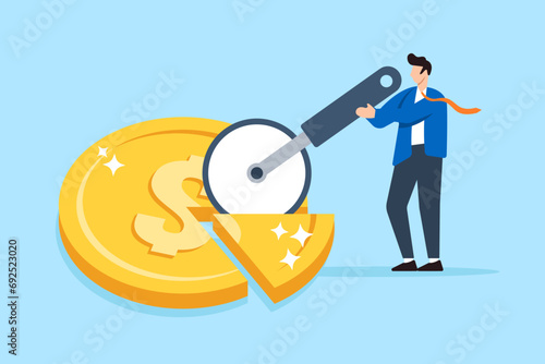 Businessman split golden dollar coin with pizza cutter in flat design