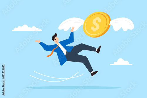 Clumsy businessman slipped and losing dollar coins in flat design