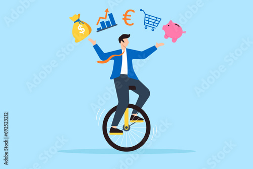 Smart businessman juggling finance on unicycle in flat design