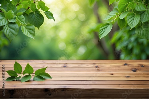 green leaves on wooden background generative ai