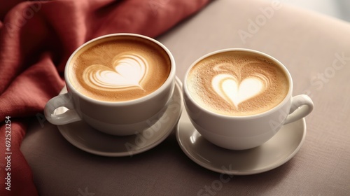 Two cups of coffee with heart-shaped foam on the coffee table. Romantic atmosphere. Romantic date. Love  valentine s day