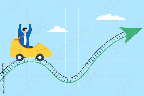 Businessman riding market roller coaster in flat design