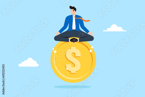 Businessman meditate on floating gold coin in flat design