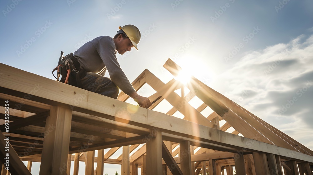 Roof worker or carpenter building a wood structure house construction Roof worker or carpenter building a wood structure house construction