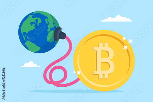 Bitcoin power plug absorbing energy from earth in flat design