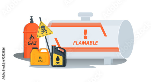 Flammable waste set. Container with chemical explosive substance, fuel barrel, nuclear liquid. Toxic chemical, ector illustration