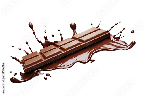 Chocolate bar or stick falling with sauce splashing in the air isolated on transparent background, dessert sweet concept, piece of dark chocolate. photo