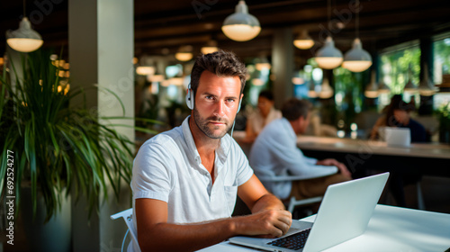 handsome man employee working on laptop with headset 