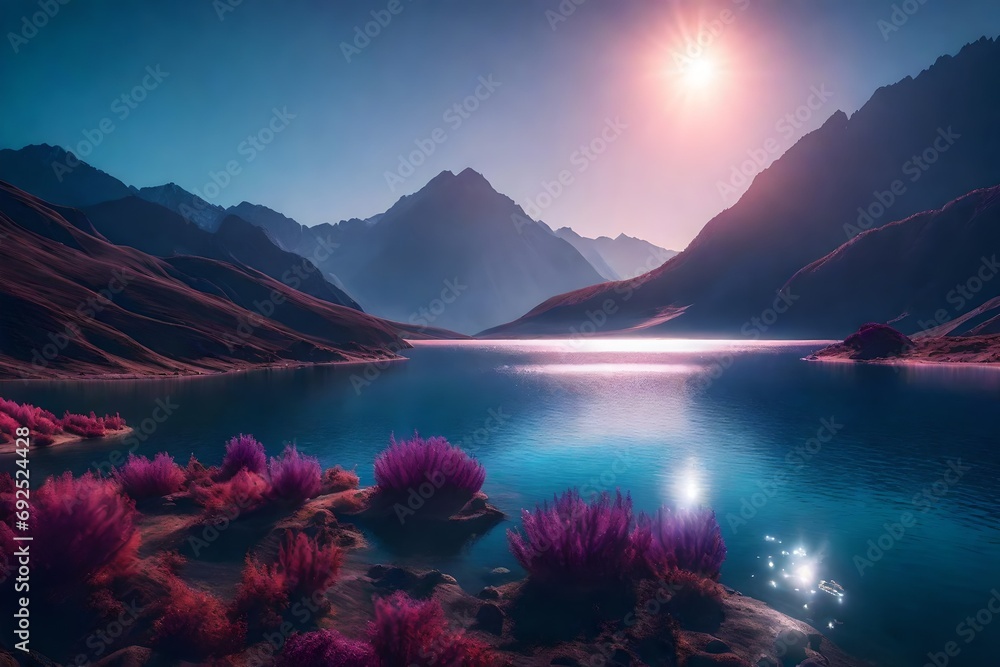 imaginary world of aliens. Lake and mountain. 3D picture.