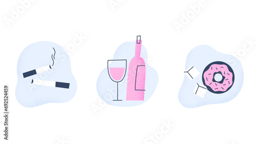 Set of unhealthy habits. Smoking, alcohol, and added sugar. Decreased immunity and quality of life. Vector flat illustrations isolated on a white background.