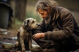 A homeless old man and his dog, an elderly tramp stroking a dog, is a touching social illustration about care and love.