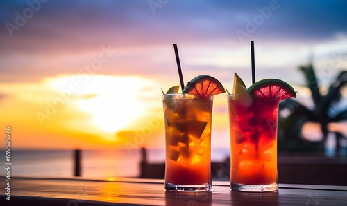 Summer cocktails on luxury tropical beach resort at sunset. Exotic summer drinks cocktails. Generative AI