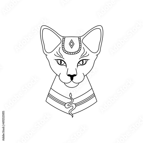 Egyptian cat in linear style on a white background. Ancient Egyptian goddess Bast or Bastet.