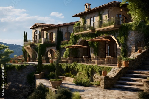 luxury tuscan style villa with great view. Generative AI