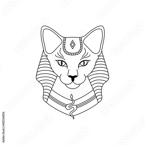 Egyptian cat in linear style on a white background. Ancient Egyptian goddess Bast or Bastet.