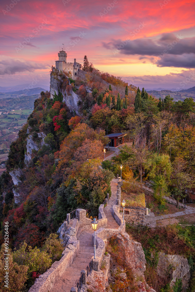 San Marino, Republic of San Marino, Italy. Aerial landscape image of San Marino, Italy at beautiful autumn sunset.