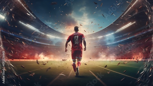  Football into goal in the football stadium  player running in the background. AI Generative © growth.ai