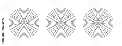 Wheel of life templates. Circle diagrams of life style balance. Coaching tool for visualizing all areas of life. Polar grid with segments, concentric circles. Blank of polar graph paper. Vector icons.