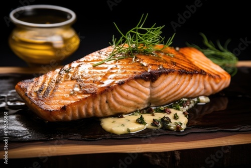 Grilled salmon served with maple syrup, Djon mustard and dill Norwegian style © BOMB8