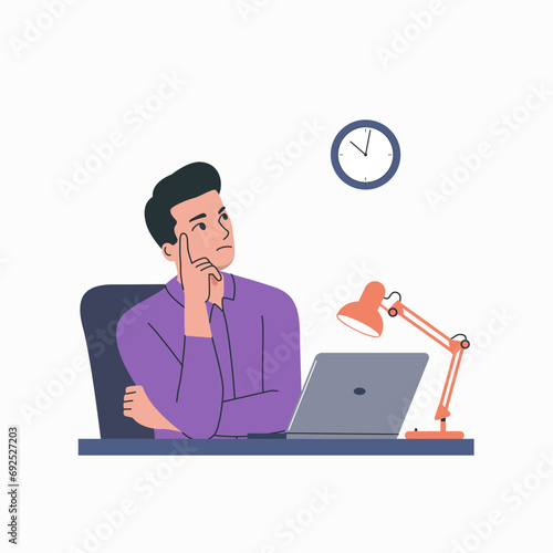Young man with question mark sit at desk from computer. Vector flat style cartoon