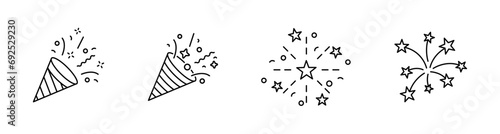 Confetti, party popper icons. Exploding, surprise vector icons set. Confetti exploding surprise outline icons