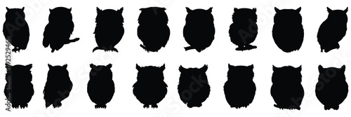 Owl silhouettes set, large pack of vector silhouette design, isolated white background