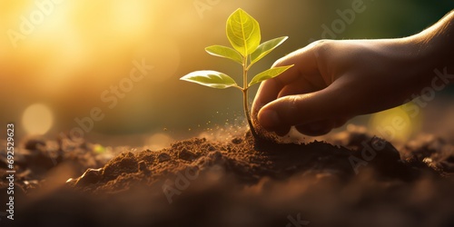 Gently placing a small plant into the ground under the warmth of sunlight and with the soft flare effects