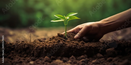 Gently placing a small plant into the ground under the warmth of sunlight and with the soft flare effects