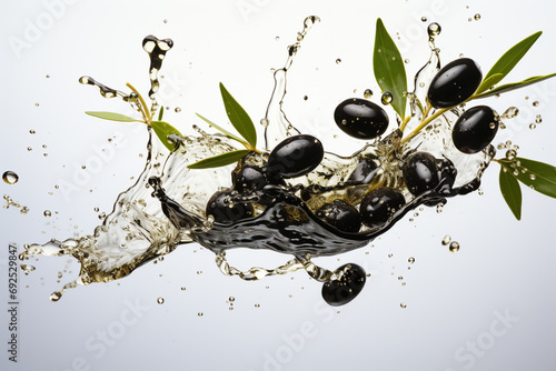 Olives fall in a splash of water and olive oil, leaves. Generative AI.
