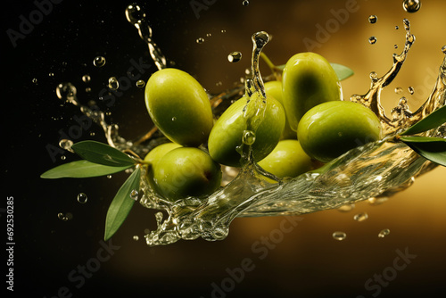 Olives fall in a splash of water and olive oil, leaves. Generative AI.