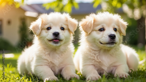 cute puppies on a lawn with grass on a sunny day