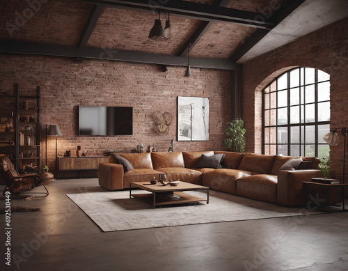 3D Living Room Interior Render, Industrial Style, Loft © Maximilian
