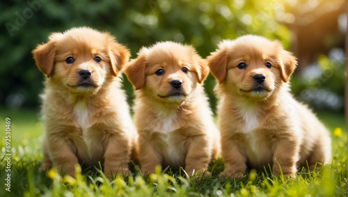 cute puppies on a lawn with grass a sunny day