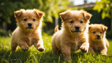 beautiful puppies on a lawn with grass on a sunny day