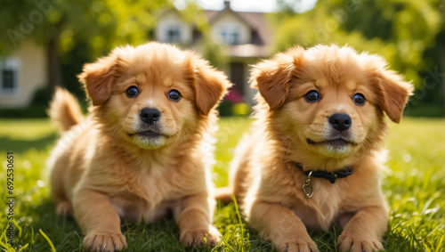 adorable puppies on a lawn with grass on a sunny day