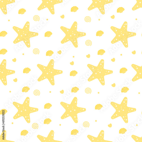 Abstract seamless pattern with yellow starfish in flat style on white background