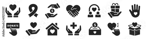 Charity and donation icon set. Volunteering, donated, help, solidarity, assistance, support, care - stock vector.