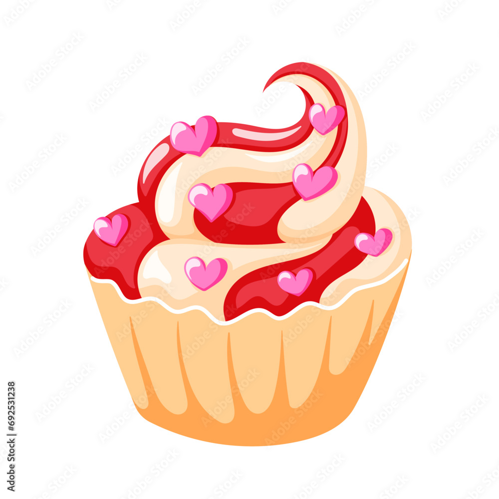 Muffin with pink candy in shape of heart. Flat style cupcake. Vector illustration isolated on a white background. Muffin with pink candy in shape of heart. Flat style cupcake. Vector illustration isolated on a white background.