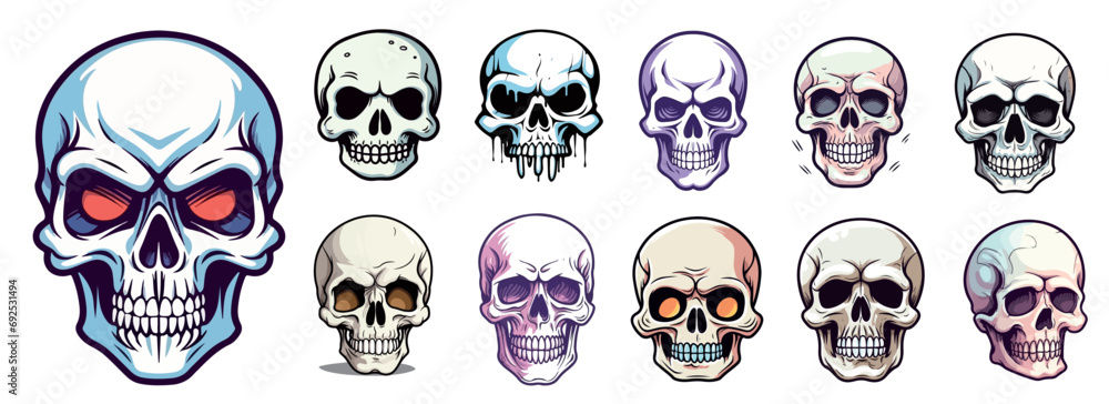 Set of human skulls, vector heads illustrations on white background, human bones, scary human skulls