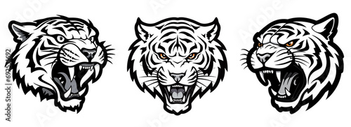 Set of Tiger Heads, predatory dangerous cat, Siberian tiger, black and white vector graphics, silhouette laser cutting photo
