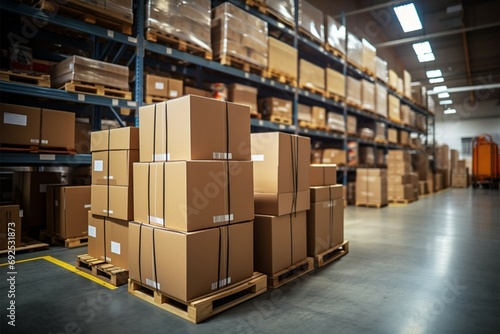 warehouse goods in cartons factory storage Shipping merchandise room Logistics background  photo