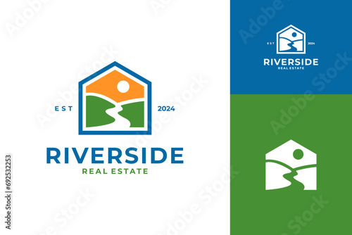 House with river view and sun logo design