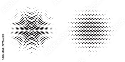 Halftone circle frame dotted background set. Round border Icon using halftone random circle dots raster texture. Grunge circular stain. Vector illustration.  photo