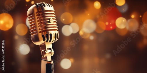 An antique microphone takes center stage, illuminated by bokeh lights