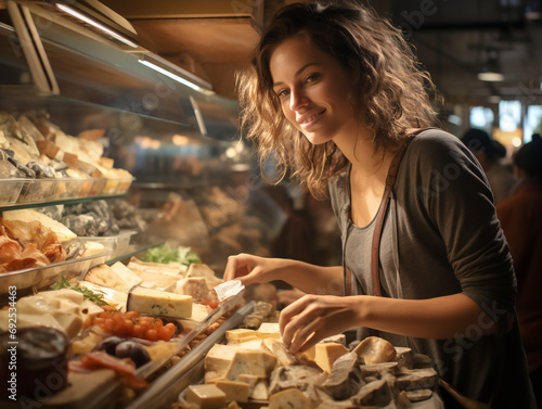 Young woman shopping in supermarket, at the cheese counter, meat counter, fruit stand, bakery, fish counter and shoe store, AI generated