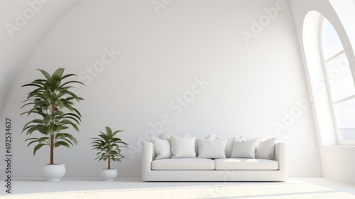 empty wall space for mock up  copy space or free place for text. Light living room in minimalist interior design with houseplant in pot 