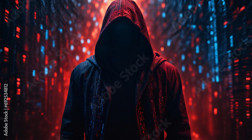 hacker with a mask Concept of cybercrime: DDoS attacks, critical infrastructure, cyber arms race, nation-state actors, and cyberwarfare tactics

