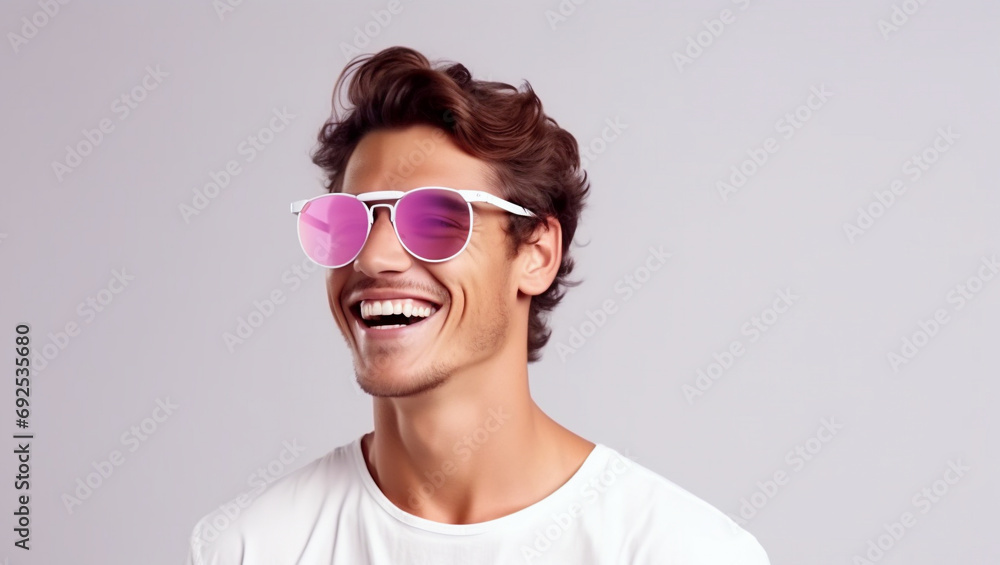 A man in glasses laughs at the camera. Happy and cheerful guy smiling. Eyewear advertising. A man in glasses laughs at the camera. Happy and cheerful guy smiling. Eyewear advertising.