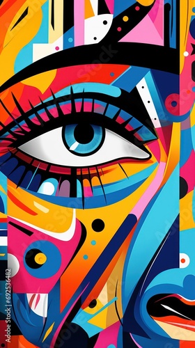 Vibrant street art festival scene featuring expressive eyes, bold flower, and a dynamic backdrop of colorful abstract shapes in graffiti style